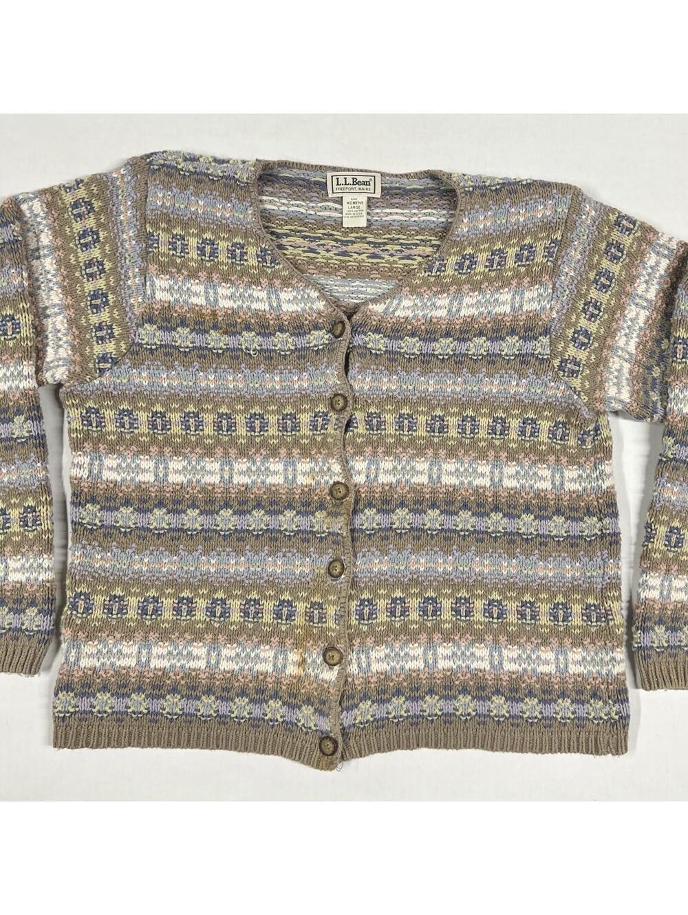 Vintage LL Bean Sweater Womens L Cardigan Striped Fair Isle Chunky Knit USA Made